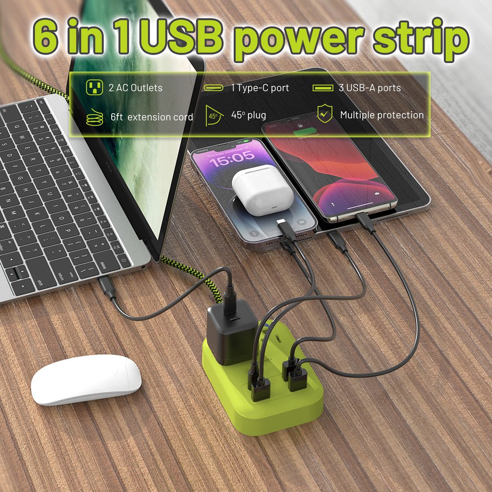 Plus 6 Ft Power Strip Surge Protector, 2 Outlets 4 USB Ports (3 USB A), Maxpw Ultra Thin Flat Extension Cord & Flat Plug