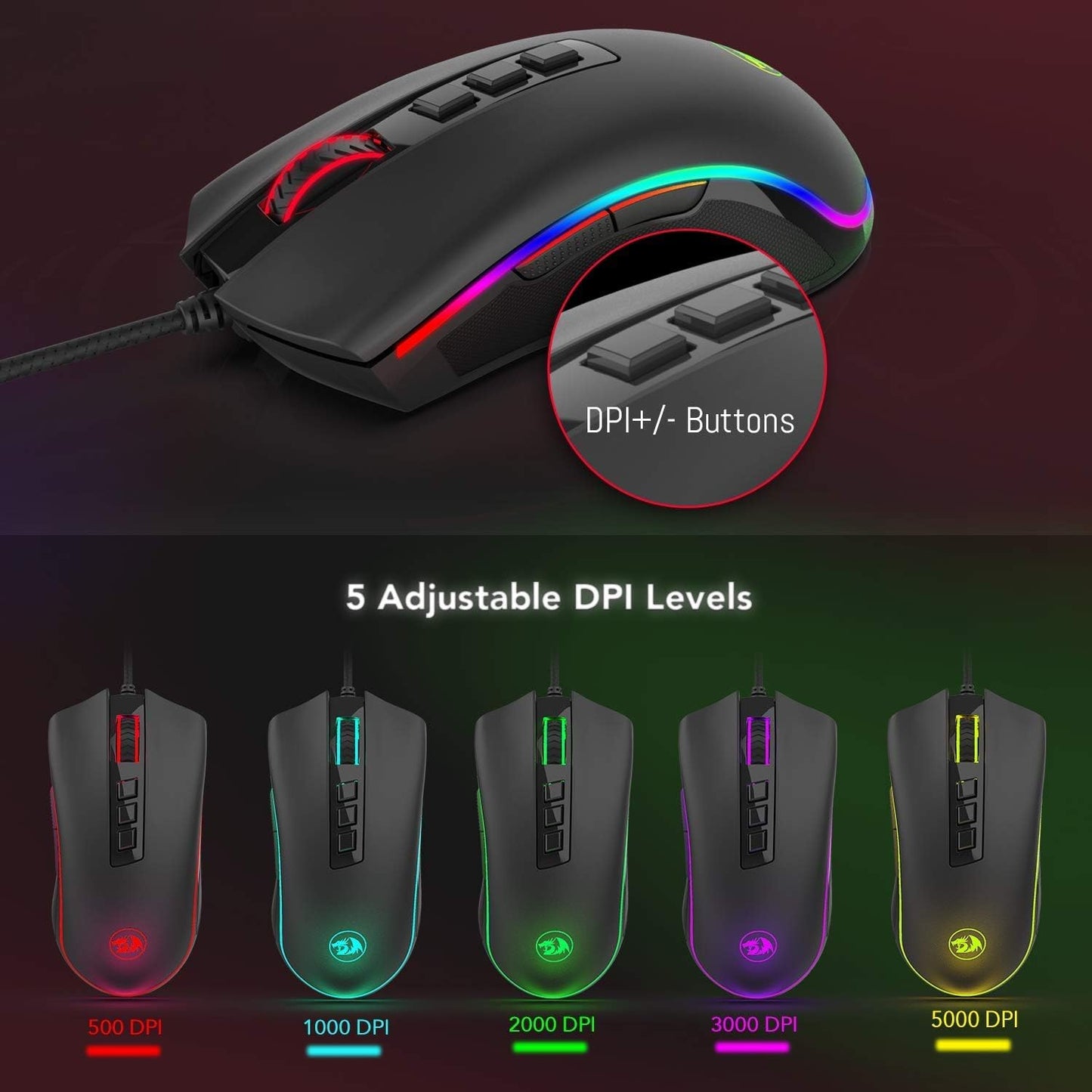Cobra M711 Gaming Mouse with 16.8 Million RGB Color Backlit, 10,000 DPI Adjustable, 7 Programmable Buttons